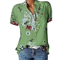 Blouses and Tunics for Women Blouse Short Sleeve V-Neck Shirt Blouse Summer Shirt Flowers Button Placket Tunic Tops Oversize Loose Top Long Shirt