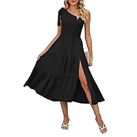 Sexy Summer Dresses for Women 2024 Trendy One Shoulder Drawstring Flowy Layered Hem Split Party Maxi Dresses