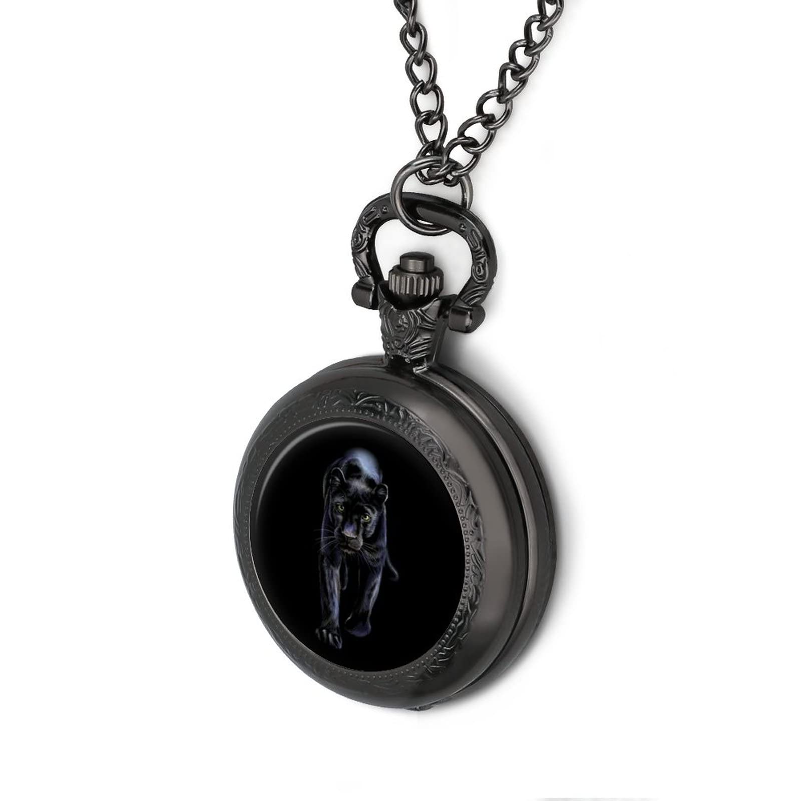 Color Portrait of A Walking Panther Quartz Pocket Watch With Chains Retro Necklace For Birthday Valentine's Day Wedding Gift