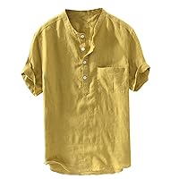 Mens Cotton Linen Henley Shirt Casual Button Down Short Sleeve Tropical Shirts Vacation Summer Beach T Shirts with Pocket