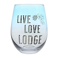 Pavilion - Live Love Lodge - 18 ounce Stemless Wine Glass, Lodge Collection, Cabin Themed Gifts or Rustic Décor for Men or Women, Wine Tasting Gifts, 1 Count (Pack of 1), 3” x 3” x 5”, Blue and Gray