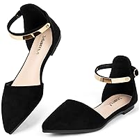 Zelaprox Women's Black Pointed Toe Flats Rhinestone Bow Ankle Strap Ballet Flats Comfortable Slip On Flats Light Weight Suede Dress Shoes