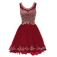 Short Cocktail Party Dresses for Women Tulle Gold Appliques Prom Gowns Burgundy