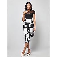 Dresses for Women - Geo Print Mesh Panel Bodycon Dress (Color : Black and White, Size : X-Small)