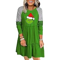 Christmas Dresses for Women Stripe Color Block Crewneck Babydoll Mini Dress Long Sleeve Ruffles Loose Swing Tunic Dress