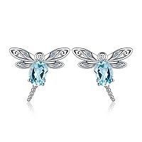 JewelryPalace Dragonfly 4.7ct Oval Shape Genuine Sky Blue Topaz Stud Earrings for Women, 14K White Gold Plated 925 Sterling Silver Earrings for Her, Natural Gemstones Jewellery Set for Girl