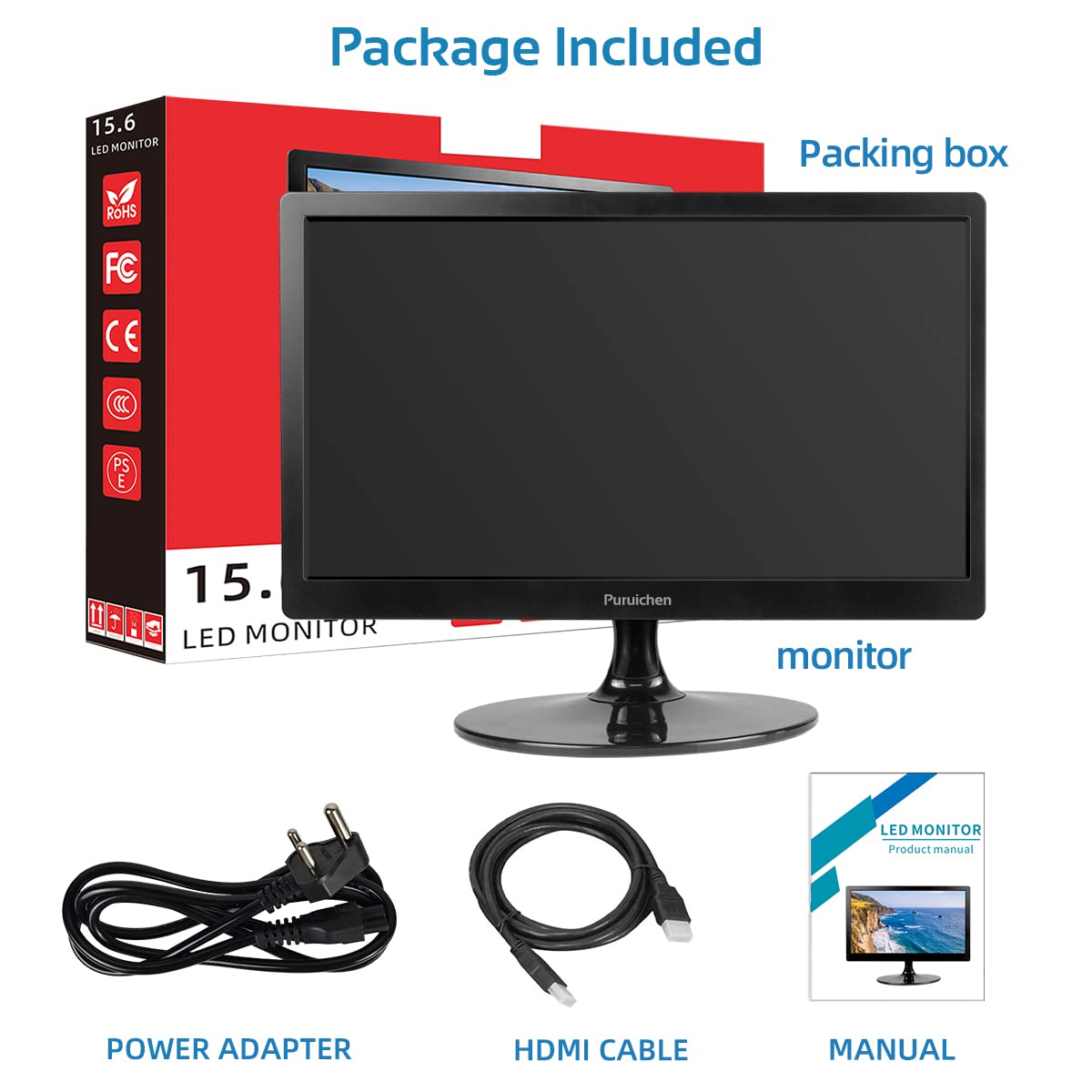 15.6 inch PC Monitor LED Portable Monitor FHD 1920 x 1080P Small Monitor Desktop Monitor with with HDMI and VGA Port,Built-in Speakers, VESA