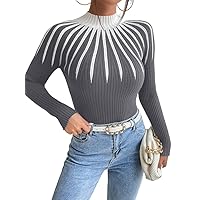Women's Sweater Colorblock Mock Neck Sweater Sweater for Women (Color : Gray, Size : X-Large)