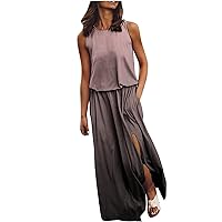 Women Summer Casual Maxi Dress Loose Pockets Sleeveless Split Boho Dresses Tie Dye Tank Dress Long Beach Sundress