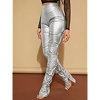 Women's Pants Pants for Women High Waist Ruched PU Leather Skinny Pants (Color : Silver, Size : Small)