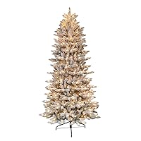 Puleo International 6.5 Foot Pre-Lit Slim Flocked Fraser Fir Artificial Christmas Tree with 350 Clear Lights, Green