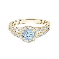 Dual Shank Ring!! 6 MM Round Aquamarine Gemstone Solitaire Accents 9K Gold Ring