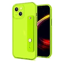 Compatible with iPhone 13 Case Clear, Clear Fluorescent Design Soft TPU Silicone Slim Shockproof Cover with Wristband Grip Holder Stand for iPhone 13 Case Women Girls, Neon Green