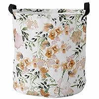 Watercolor Floral Laundry Basket Hamper with Handles, Collapsible Laundry Basket Waterproof Cloth Laundry Hamper Easy Carry Storage Basket Blossom Spring Orange Wildflower Plants 16.5x17 In