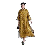 Women's Dress Silk Water Ink Print Dress Loose Chinese Element Connect Shoulder Sleeve Dress 2626