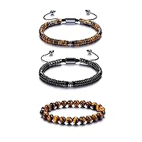 Jovivi Bundle of 3pcs Healing Crystal Bracelet for Men Hematite Black Obsidian Tiger Eye Gemstone Beaded Bracelets