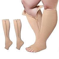 1 Pair Plus Size Compression Socks with Zipper for Women Men, Open Toe Support Socks for Varicose Veins
