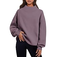 Women's French Terry Sweatshirt Fashion Solid Color Long Sleeve Loose Slit Half Turtleneck Sweatshirt Top, S-3XL