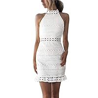 Women Sleeveless White Lace Crochet Hollow Out Club Party Cocktail Bodycon Mini Dresses