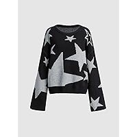Womens Hoodies Pullover Star Pattern Drop Shoulder Sweater Sweaters (Color : Black, Size : Medium)