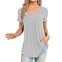 T-Shirt Women's Solid Blouses Short Sleeve Square Neck Women Tops Pleated T-Shirt Women's Fashion Crop Tops Festive Blouses & Tunics Teenager Girls Y2k Tops for Women Boho Clothing Ladies