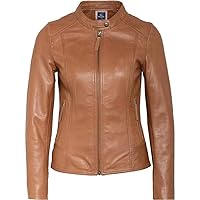 Women’s Tan Leather Jacket Band Collar, Front Zipper Long Sleeve 2 Zipped Pockets For Casual Biking Parties Wear