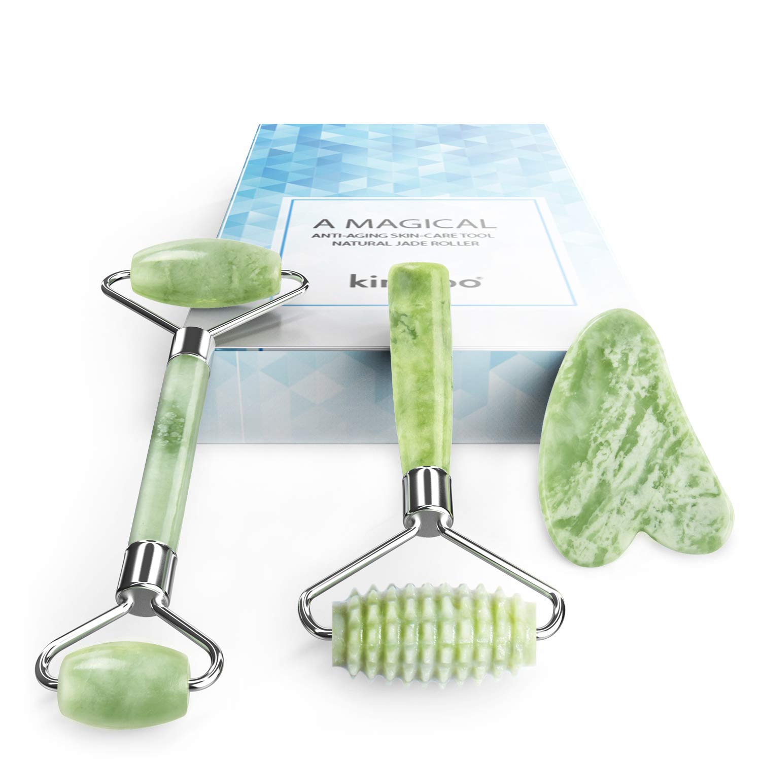 kimkoo Jade Roller and Gua Sha Set for Face-3 in 1 Kit with Facial Massager Tool,100% Real Natural Jade Stone Facial Roller Anti Aging,Face Beauty Set for Eye Anti-Wrinkle