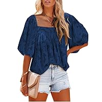 Women's Babydoll Tops Short Sleeve Square Neck Puff Sleeve Lace Blouse Summer Floral Textured Dressy Shirts