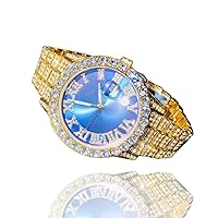 Men's Round Gold Blue Dial Wrist Watch Band Luxury CZ Diamond Iced Bracelet Watch Roman Numeric Dial Watch For Men Women Hip Hop Rapper Choice, Jewelry Watch, Iced Watch Custom Fit, Bust Down Watch