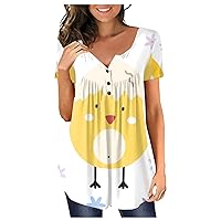 Easter Shirts for Women,Short Sleeve Shirts for Women Bunny and Egg Print Button V Neck Loose Shirts Womens Plus Size Tops