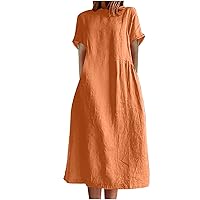 Beach Dresses for Women Cotton Linen Short Sleeve Crewneck Maxi Dress Oversized Loose Fit Casual Summer Dress