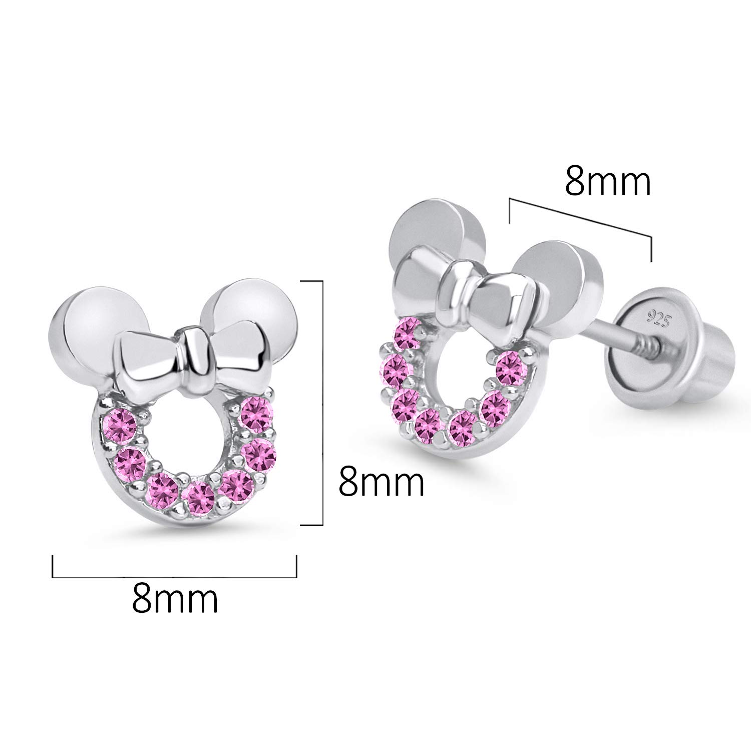 925 Sterling Silver Rhodium Plated Pink Mouse Cubic Zirconia Screwback Baby Girls Earrings