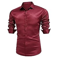 Men's Fashion Satin Solid Color Shirt Long Sleeve Shiny Muscle Dress Shirt Silk Casual Dance Party Tuxedo Shirt