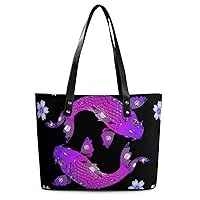 Womens Handbag Japanese Fish And Purple Flowers Leather Tote Bag Top Handle Satchel Bags For Lady