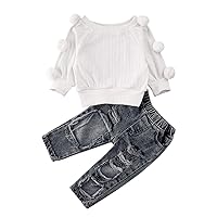 Imcute Baby Girls Off Shoulder Polka Dot Top+Destroyed Ripped Jeans+Headband Clothes Outfit Set