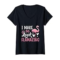 Womens I Make 50 Look Flamazing Cute Flamingo 50th Birthday V-Neck T-Shirt
