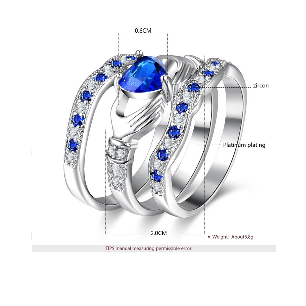 Uloveido 3 Pieces Irish Claddagh Celtic Knot Eternity Design Ring Simulated Sapphire Blue Heart CZ Cubic Zirconia Size 6 7 8 9 HR314