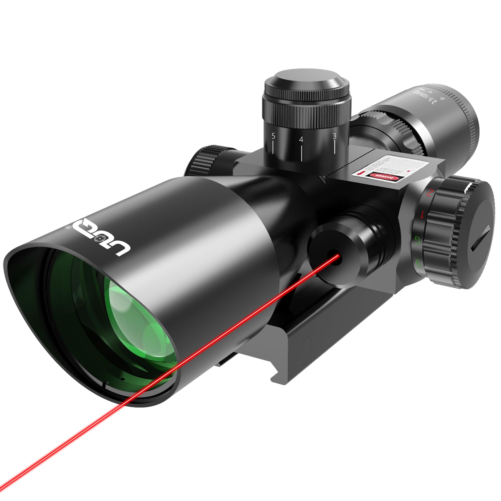 UUQ 2.5-10x40ER Rifle Scope with Red/Green Illuminated Mil-dot with Red Laser Combo- Green Lens Color, Tactical Scope for Gun Air Hunting Rifles, Includes Free 20mm Mount