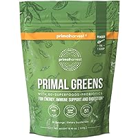 Primal Harvest Super Greens Powder, 30 Servings w/+50 Greens Superfood Chlorella, Probiotics, Green Tea, Wheatgrass, Kale, Turmeric for Energy,Primal Greens