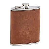 Caramel Leatherette Flask, Stainless Steel, 8oz Capacity, Attached Screw Top Closure
