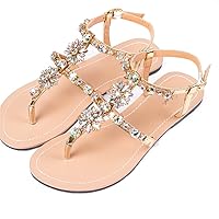 Women Summer Diamond Thong Sandals Beach Shining Crystal Flip Flops Shoes Casual Female Boho T-Strap Slipper Plus Size Gold 8.5