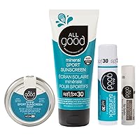 All Good Mineral Sun Care Set - Sport Sunscreen Lotion, Zinc Butter, Face/Nose/Ear Sunstick, Coconut SPF Lip Balm - Water Resistant & Coral Reef Friendly