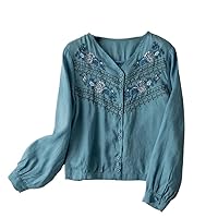 Embroidery Loose Cotton Women' V-Neck Button-up Shirt Retro Multi-Style Spring Summer Clothes