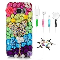 STENES Sparkle Case Compatible with Samsung Galaxy S22 Ultra Case - Stylish - 3D Handmade Rainbow Butterfly Pearl Pendant Flowers Design Cover Case with Cable Protector [4 Pack] - Colorful