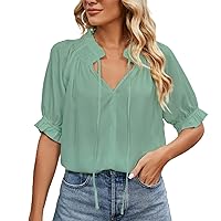 Women Smocked Frill Trim V Neck T-Shirts Ruffle Short Sleeve Drawstring Chiffon Tops Summer Trendy Casual Solid Tees