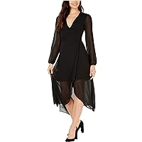 Leyden Womens Black Sheer Long Sleeve Below The Knee Faux Wrap Dress Size S