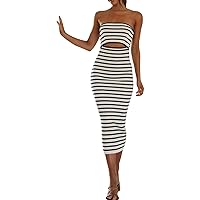 Women's Wedding Guest Dresses Summer Midi Bodycon Dress Strapless Cut Out Knit Tube Long Fitted Dresses, S-L