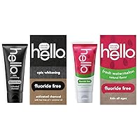 hello Activated Charcoal Epic Whitening Fluoride Free Toothpaste, Fresh Mint + Coconut Oil, Vegan & SLS Free & Kids Natural Watermelon Fluoride Free Toothpaste, Vegan & SLS Free