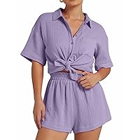 Flygo Womens Casual 2 Piece Outfits Cotton Linen Sets Button Down Shirt Shorts Resort Wear 2024 Pajama Beach Set(Purple-M)