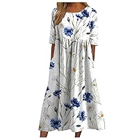 Fall Dresses for Women 2023 Summer Trendy Crewneck Short Sleeve Loose Pleated Floral Dress Long Dresses with Pockets